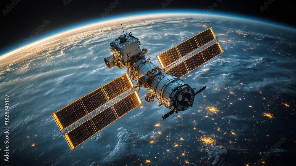 Poster A detailed view of a satellite in orbit around Earth, showcasing solar panels and active instrumentation. This spacecraft transmits telemetry and GPS signals for precise positioning.