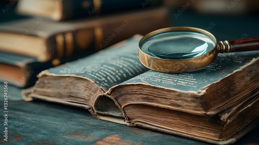 Poster open book with a magnifying glass hovering over secret encoded texts symbolizing the process of code