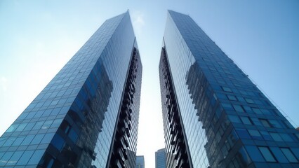 The king and queen building towers majestically against a clear blue sky, showcasing modern architectural design with reflective glass facades.