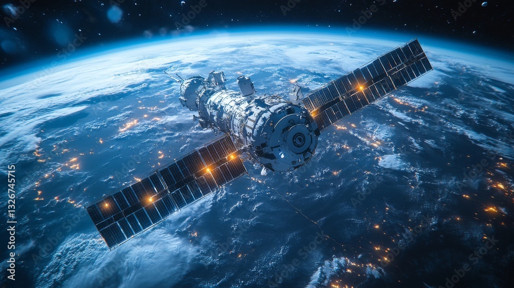 Poster A satellite spacecraft orbits Earth, sending telemetry and GPS signals while illuminated by city lights below. The scene shows the vastness of space and its technological marvel.