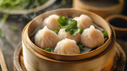 Steamed har gow shrimp dumplings served in traditional bamboo steamer, garnished with fresh cilantro and accompanied by dipping sauce, creating warm and inviting dining experience