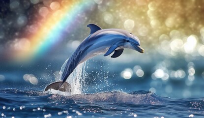 Fototapeta premium dolphin jumps against the background of a rainbow