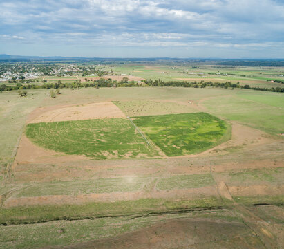 Aerial view of an irrigation pivot in farm paddock