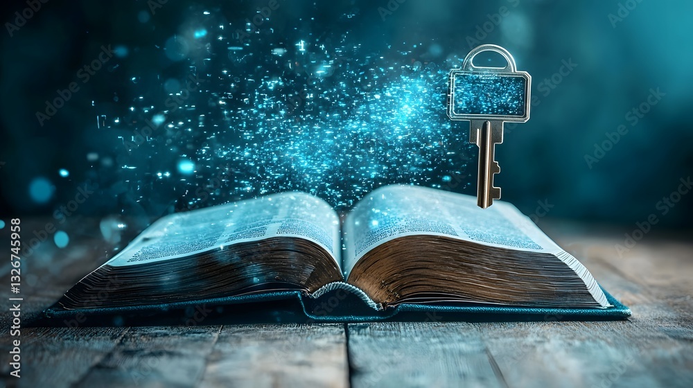 Poster holographic key and lock mechanism appear to emerge from the pages of an open book symbolizing the p