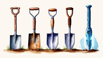 Fototapeta premium Collection of Vintage and Futuristic Shovels Digging Tools Gardening Equipment Watercolor