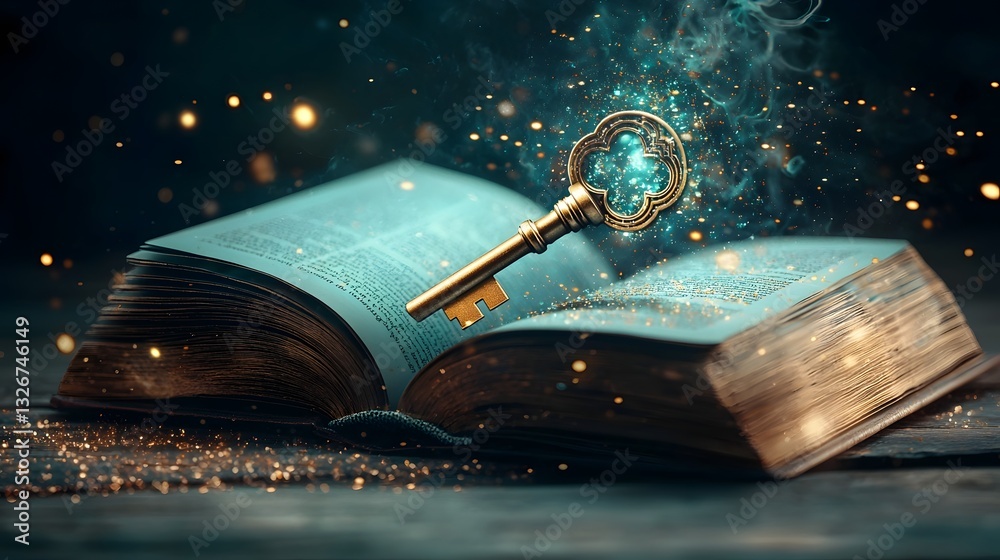 Poster photograph of an open book with a holographic key and lock mechanism appearing symbolizing the conce