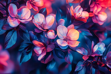 Painting of a bunch of flowers with a blue background. The flowers are in various shades of pink and purple. The painting has a dreamy, ethereal quality to it