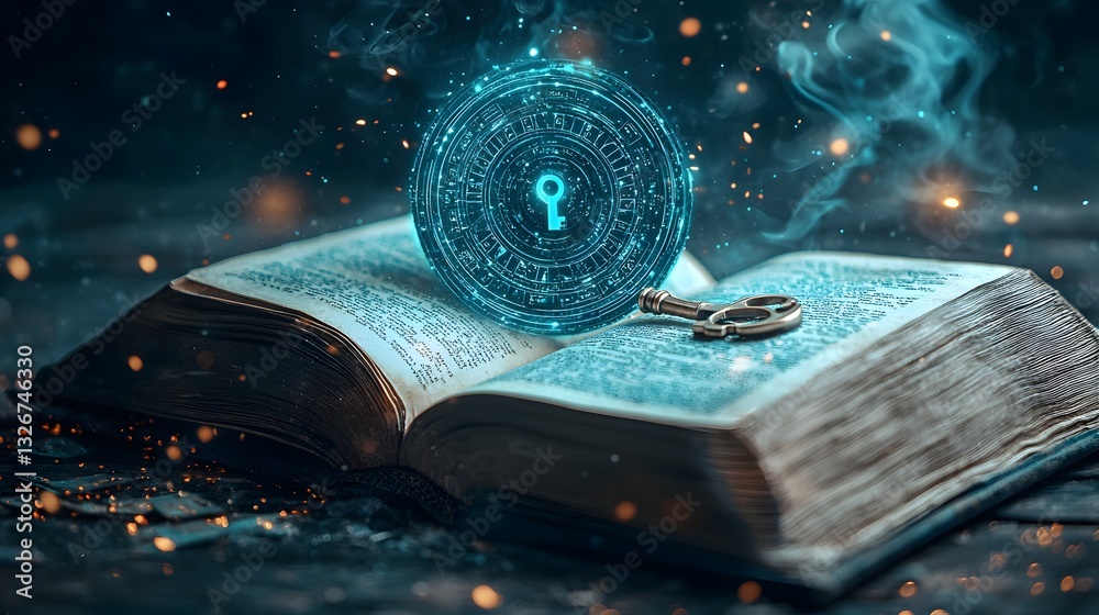 Poster holographic key and lock mechanism appearing on an open book symbolizing the concept of digital encr