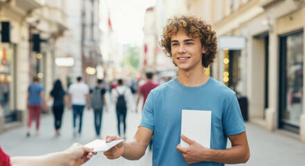 Young male promoter hands out flyers in a bustling city street environment