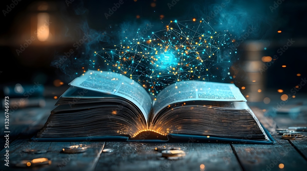 Poster glowing digital security nodes interconnected within the pages of an open book representing the glob