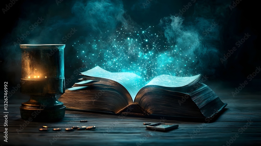 Poster glowing digital security nodes on the pages of an open book symbolizing the interconnected global cr
