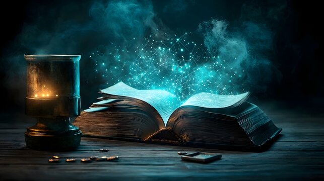 Glowing digital security nodes on the pages of an open book symbolizing the interconnected global cryptographic networks that power modern digital communication and data security systems