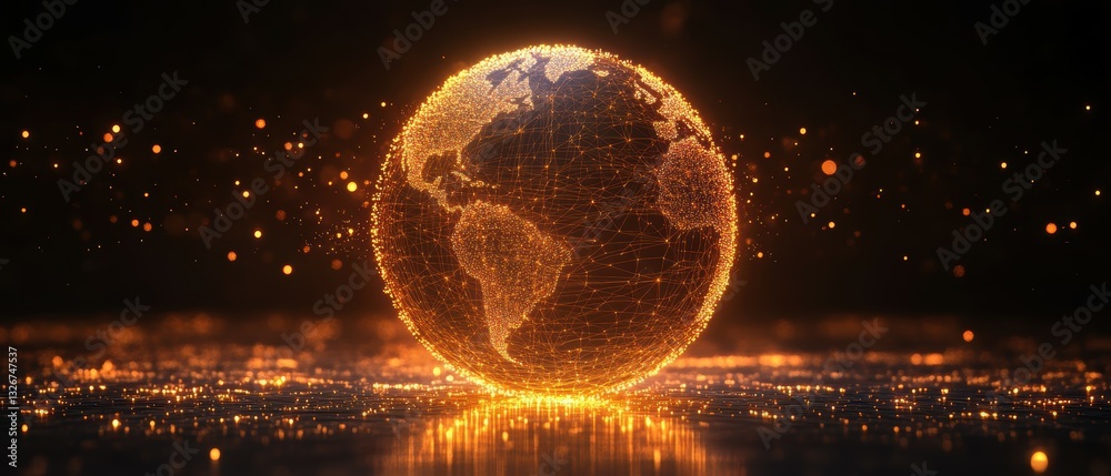Poster digital wireframe globe with interconnected nodes and glowing elements