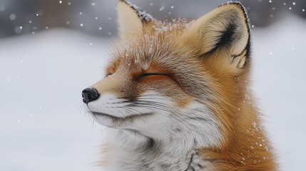 Fototapeta premium A beautiful golden fox with closed eyes sits in the snow, snowflakes falling around it.