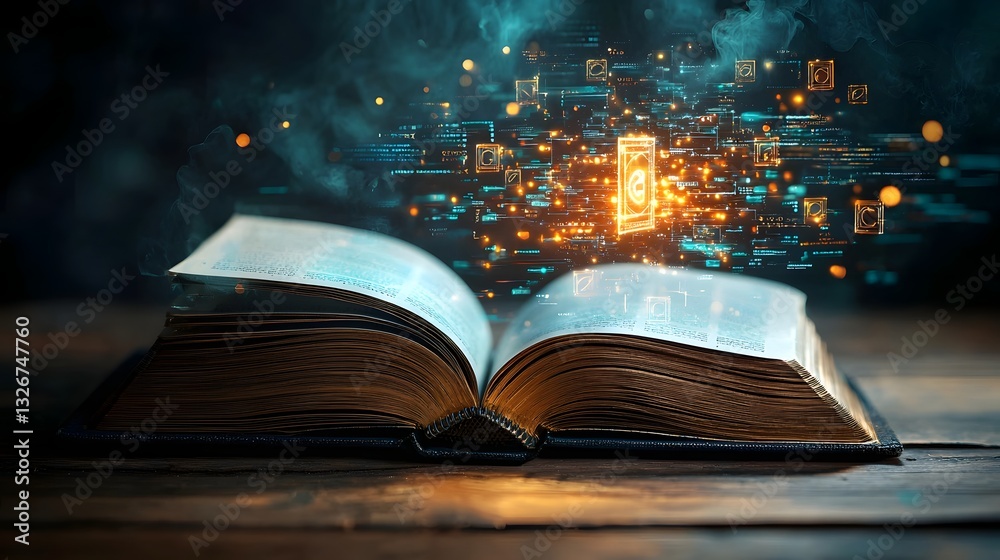 Poster futuristic quantum encryption symbols emerging from open book showcasing cryptography s digital futu