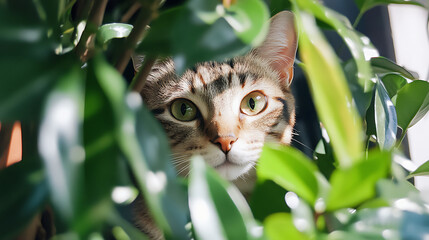 curious tabby cat with green eyes peers through lush green foliage, bathed in natural sunlight. cat face is framed by vibrant leaves, creating sense of mystery and playfulness