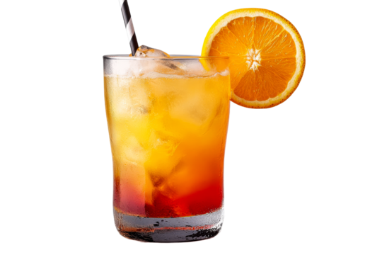 Refreshing cocktail with orange slice and straw