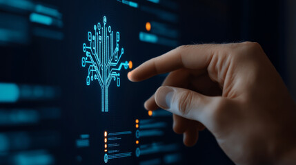 hand interacting with digital tree structure on screen, symbolizing technology and connectivity. image conveys innovation and data management