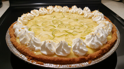 Key lime pie with golden graham cracker crust, creamy lime filling, and whipped cream topping, garnished with lime zest and crushed nuts, sitting on black stovetop