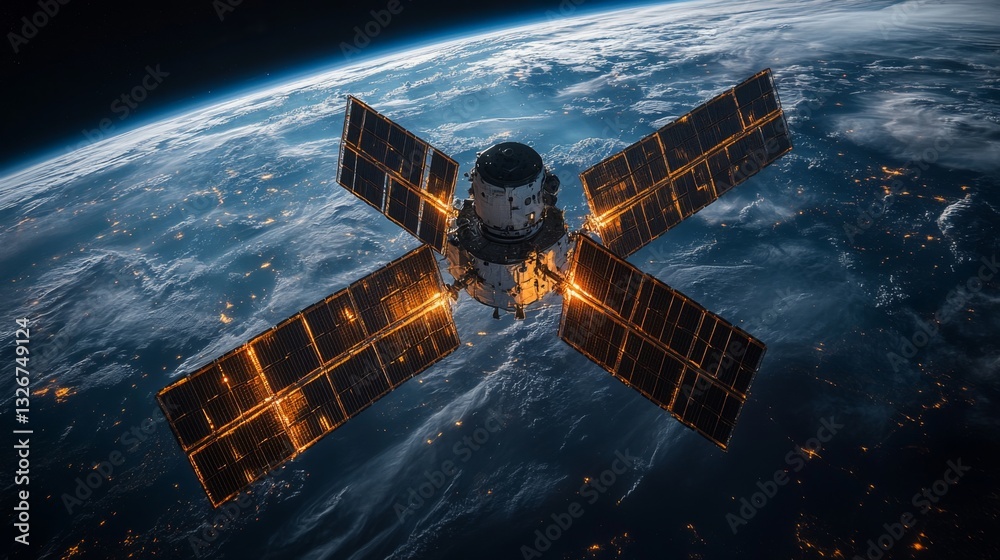 Poster a satellite orbits earth, transmitting signals for global positioning and telemetry. its solar panel