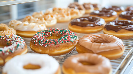 Freshly baked assorted donuts displayed on metal cooling rack, featuring chocolate, vanilla, and caramel glazes with festive sprinkles. soft texture and glossy icing make them look delicious