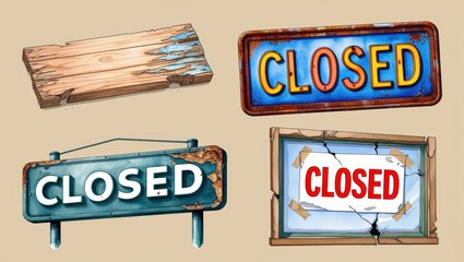 Fototapeta premium Rustic Weathered Closed Signs Collection Wooden Metal Broken Frames