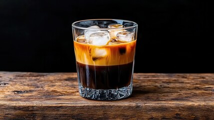 Refreshing Iced Coffee Beverage with Ice Cubes in a Glass on Wooden Surface