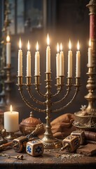Hanukkah Menorah with Burning Candles and Dreidels on Wooden Table
