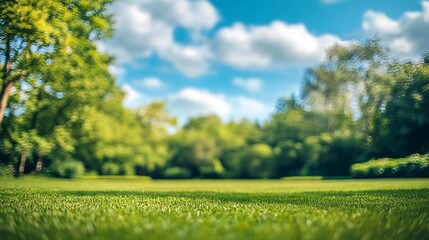Fototapeta premium Lush green park with trimmed lawn and blue sky in soft focus background