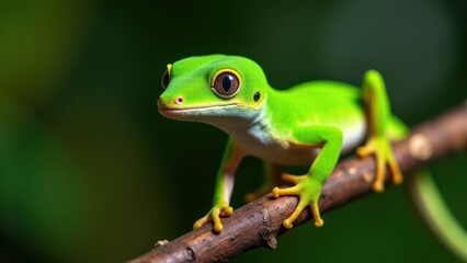 A vibrant green Madagascar day gecko perched on a branch, showcasing its bright colors and large eyes.