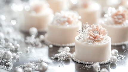 Glamorous Mini Cakes with Silver Edible Pearls and Icing Flowers
