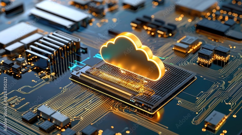 Poster a glowing cloud computing interface with real-time data exchange visuals.