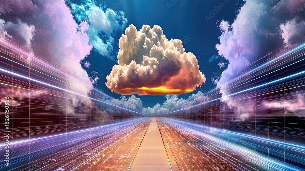Poster a glowing cloud computing interface with real-time data exchange visuals.
