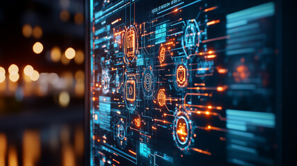 Digital interface with glowing data visualization and technology elements