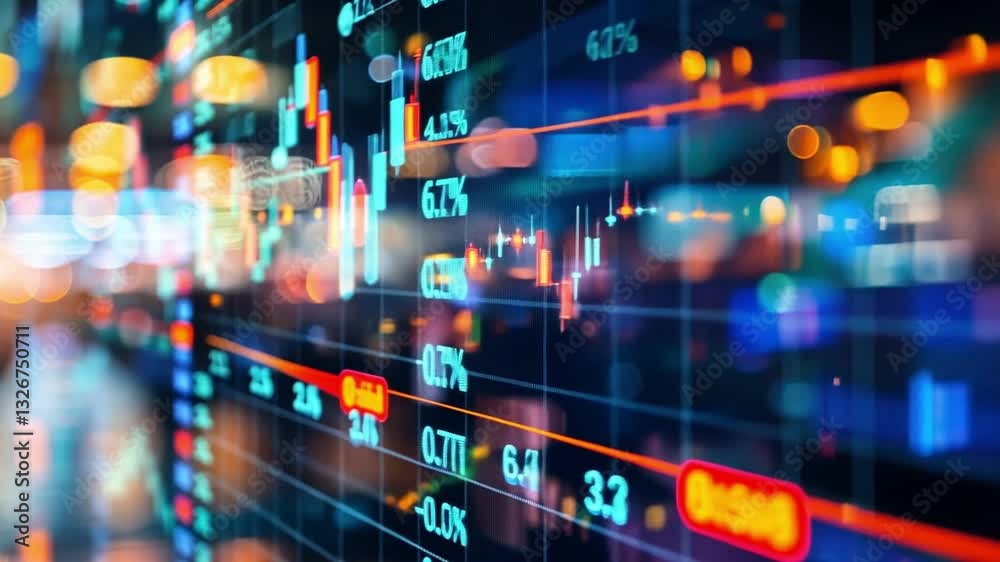 Poster vibrant digital display of stock market data with colorful graphs and numbers reflecting dynamic nat