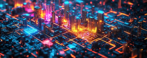 Obraz premium A vibrant, abstract city model with GIS geodata layers, showcasing futuristic urban details, digital streets, and glowing infrastructure, highlighting advanced city management