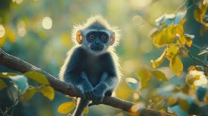 Obraz premium A dusky leaf monkey sitting on a tree branch with green leaves in a forest in India.