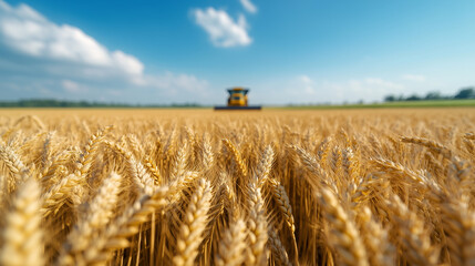 Combine harvester on wheat field.