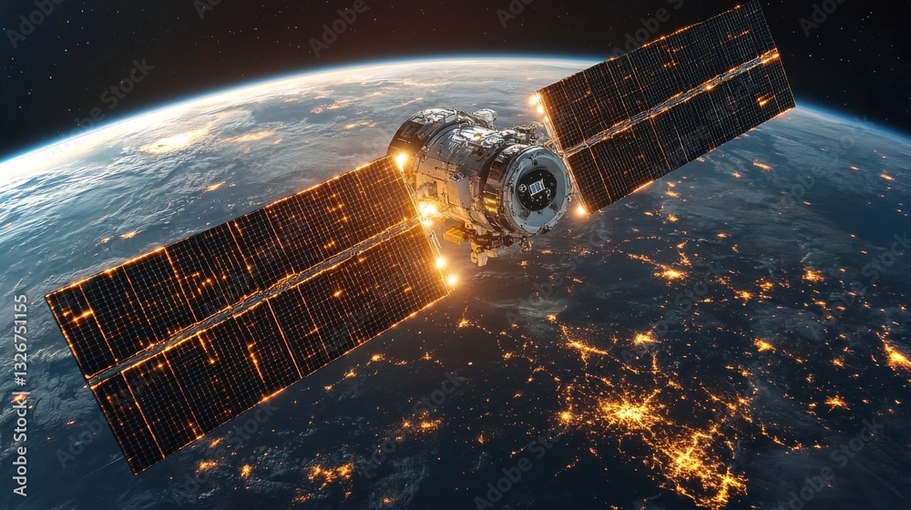 Poster a satellite equipped with solar panels orbits earth, actively sending telemetry data for gps and tra
