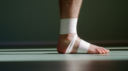 close up of person foot with white tape wrapped around ankle for injury prevention, set against neutral background