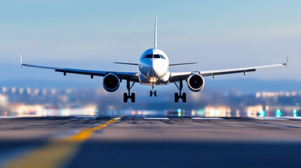 commercial airplane lands smoothly on runway, its wheels touching down with precision. clear sky and blurred background emphasize speed and focus of aircraft