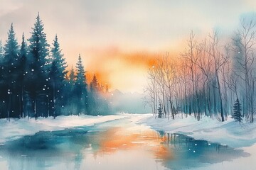 Fototapeta premium Winter Landscape Watercolor Illustration with Colorful Trees in Snowy Scene