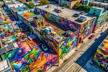 Fototapeta premium Drone View Vibrant Urban Graffiti Wall, Chaotic Street Art Colors & Shapes