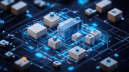 Obraz premium Digital representation of modern data center with interconnected servers and storage units, showcasing advanced technology and network infrastructure