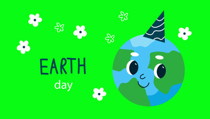 International Mother Earth Day banner. Earth cartoon mascot character.  Concept for graphic and web design. Hand drawn vector flat illustration.