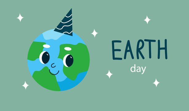 International Mother Earth Day banner. Earth cartoon mascot character. Concept for graphic and web design. Hand drawn vector flat illustration.