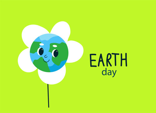 International Mother Earth Day banner. Earth cartoon mascot character. Concept for graphic and web design. Hand drawn vector flat illustration.