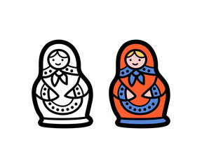 Matryoshka doll, sketchy doodle style illustration isolated on white background, outine and colored versions. Traditional russian wooden souvenir.