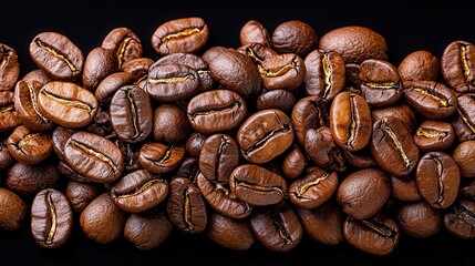 Naklejka premium Rich and Aromatic Coffee Beans Piled Together on a Black Background for Culinary Use