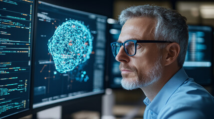 focused man analyzes data on multiple screens, showcasing digital brain visualization. atmosphere is high tech and innovative, reflecting advancements in artificial intelligence